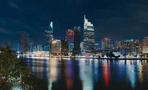 Modern city with skyscrapers near river