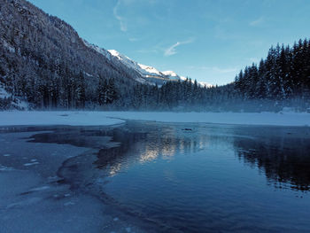 Scenic view of lake by snowcapped mountains against sky