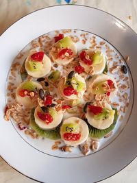 High angle view of breakfast served on table