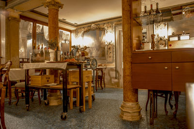 Empty chairs and tables in restaurant