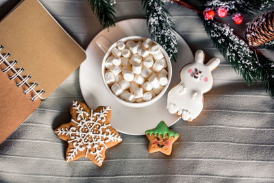 High angle view of cookies on table