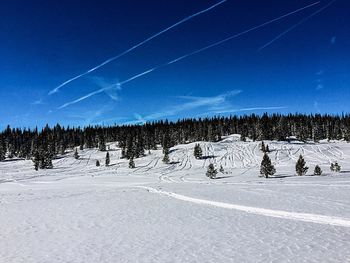 Scenic view of snow covered field against sky