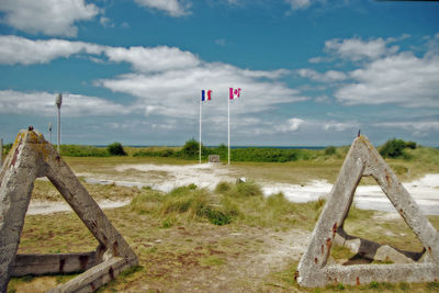 Road sign on field against sky