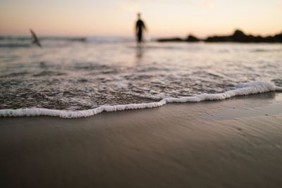 Scenic view of sea against sky during golden hour with lone surfer