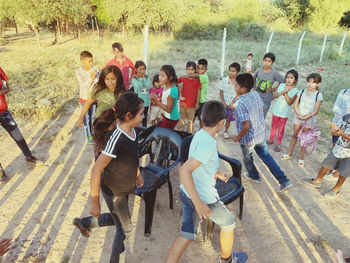 High angle view of people on road