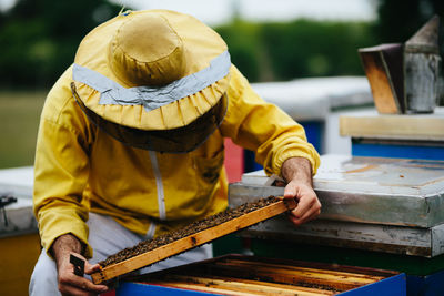 Beekeeper working over beehive at farm