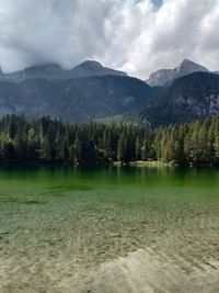 Scenic view of lake and mountains against sky