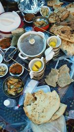 High angle view of food served on table