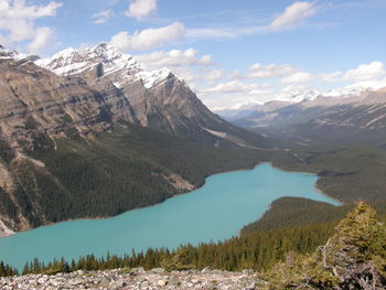 Scenic view of lake by mountains against sky