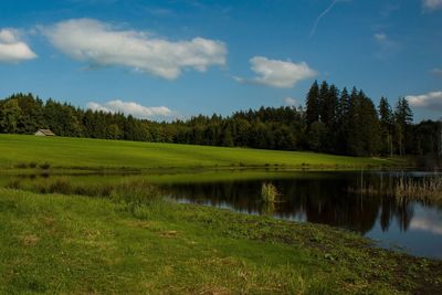 Scenic view of lake by trees against sky