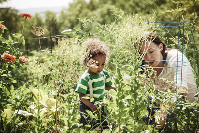 Mother examining flowers with son at backyard