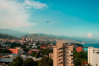 High angle view of birds flying over city