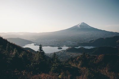 Scenic view of snowcapped mountains against clear sky