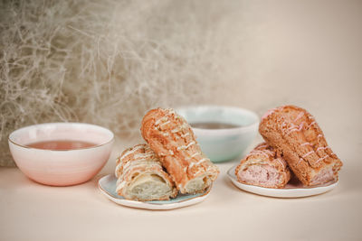 Close-up of breakfast served on table