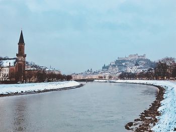 Buildings in city during winter