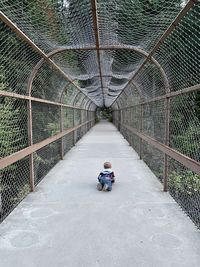 Adventurous baby crawling across caged bridge. high angle view.