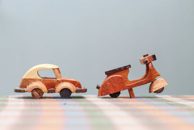 Close-up of toy car against white background