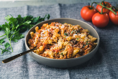 High angle view of food in bowl on table