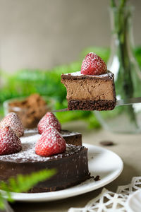 Close-up of chocolate cake in plate