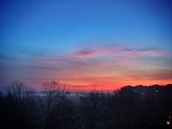 Silhouette bare trees against dramatic sky during sunset