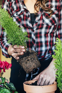 Midsection of woman holding potted plant