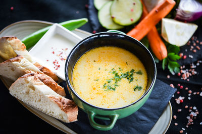 High angle view of soup in bowl on table