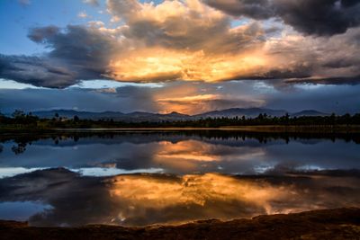 Scenic view of lake against sky during sunset