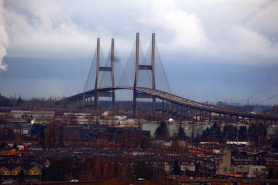 Suspension bridge against sky in city