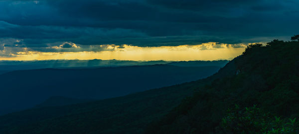 Scenic view of mountains against dramatic sky