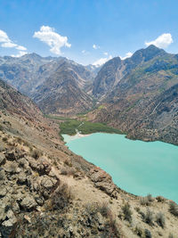 Scenic view of lake by mountains against sky