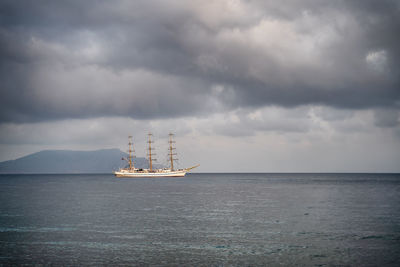 View of the sea bay and ship in the village novyi svit in the crimea in autumn