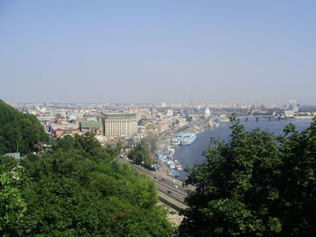 High angle shot of cityscape against clear sky