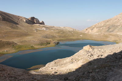 Scenic view of lake and mountains against sky