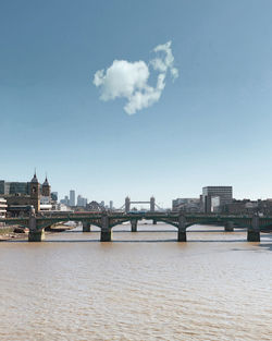 Bridge over river with city in background