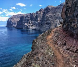 Rock formations by sea against sky