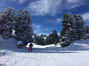 Person skiing on snowcapped landscape against sky