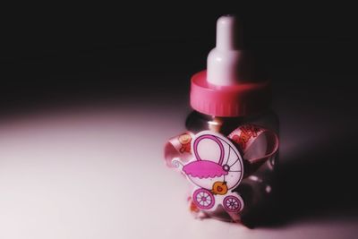 High angle view of small bottle on table