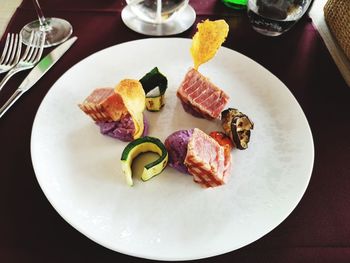 High angle view of food served in plate