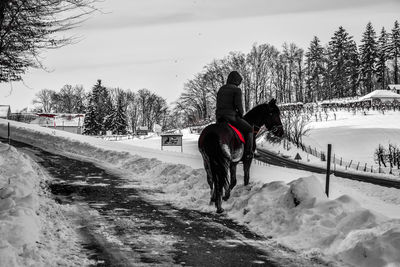 Rear view of man cycling on snow covered landscape