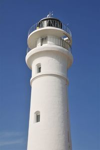 Low angle view of lighthouse against clear blue sky