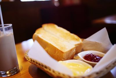 Close-up of breakfast served on table