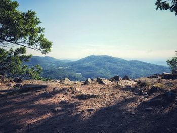 Scenic view of landscape and mountains against sky