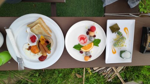 High angle view of meal served on table