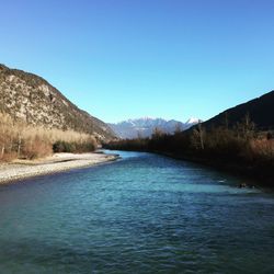 Scenic view of lake against clear blue sky