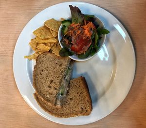 Close-up of a sandwich on plate on table