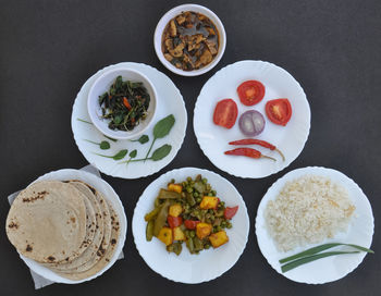 High angle view of fruits served on table