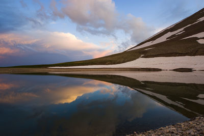 Scenic view of lake against sky during sunset