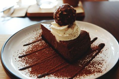 Close-up of chocolate cake in plate