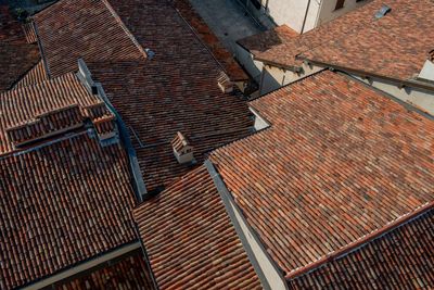 High angle view of roof and houses in town