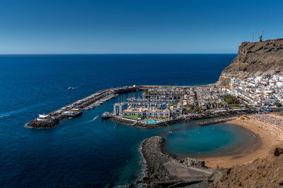 High angle view of sea against clear blue sky